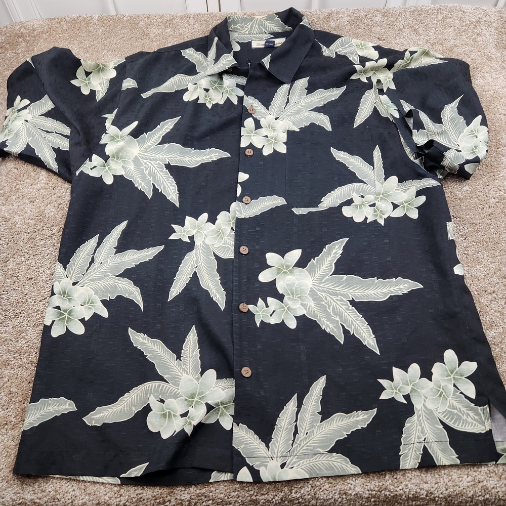 Tommy Bahama Silk Floral Hawaiian‎ Loop Collar Camp Shirt Mens L Black